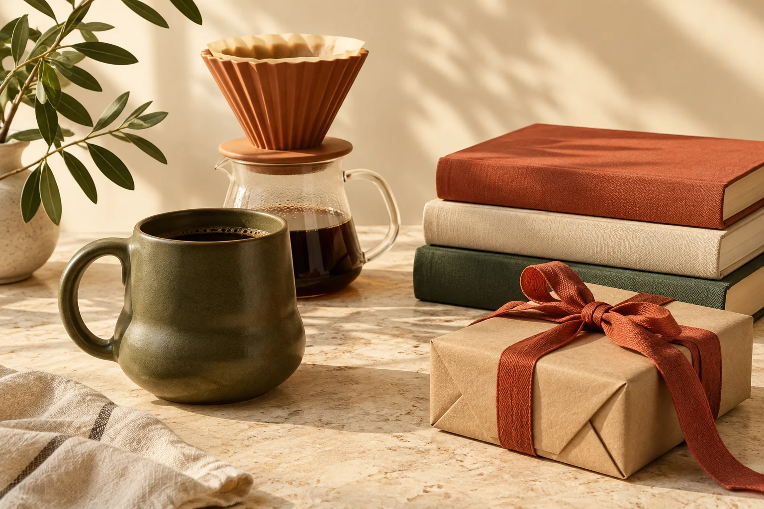 Wrapped presents, books and a coffee mug